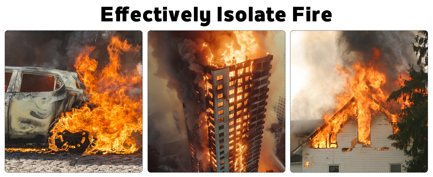 Zusammengesetztes Bild, das drei Brandszenarien zeigt: ein brennendes Auto, ein brennendes Hochhaus und ein in Flammen stehendes Haus. Der Text lautet „Feuer effektiv isolieren“