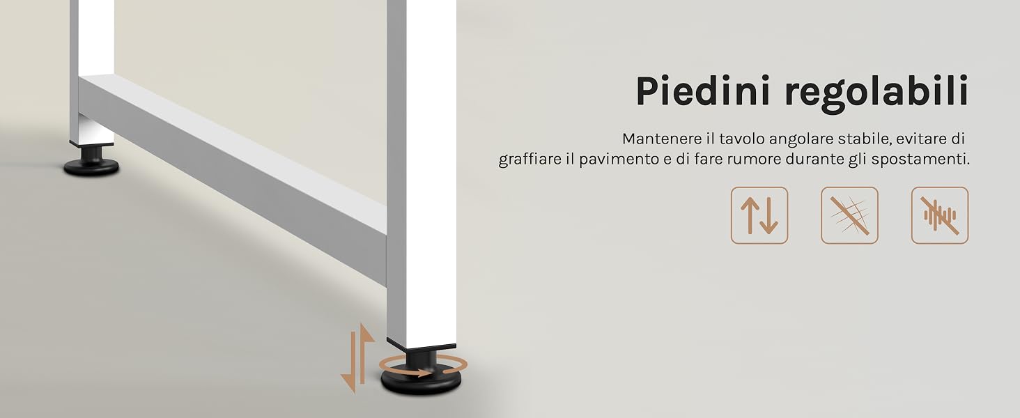 Piedini regolabili per mobili con regolazione dell'altezza, distribuzione del carico e caratteristiche antiscivolo. Sfondo bianco con illustrazioni schematiche