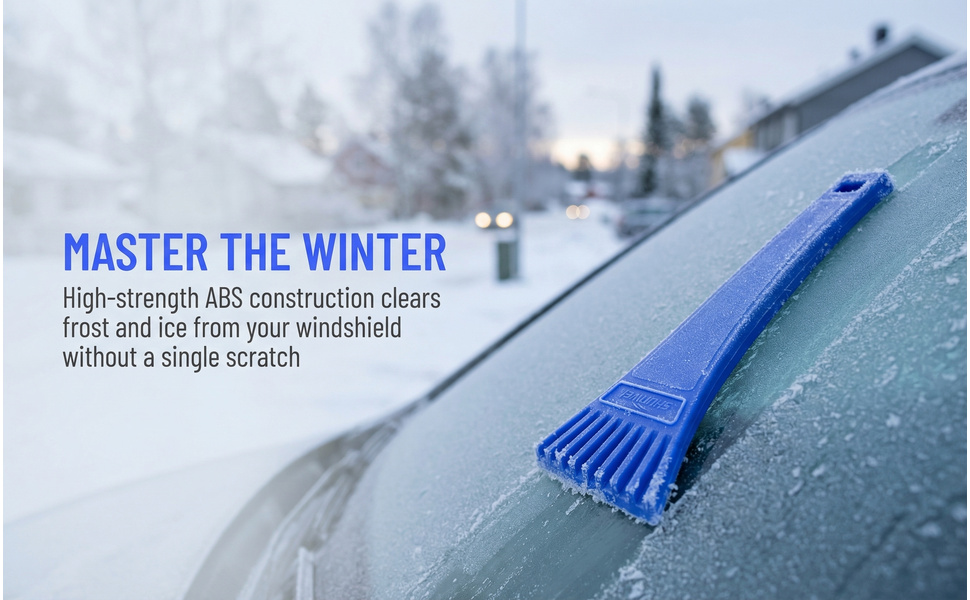 Text reads 'MASTER THE WINTER' and 'High-strength ABS construction clears frost and ice from your windshield without a single scratch'. Shows blue ice scraper on snowy windshield.