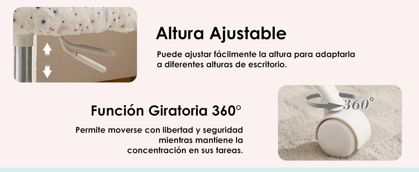 El texto dice «Altura Ajustable», «Función Giratoria 360°». Imagen dividida que muestra un accesorio de escritorio ajustable con mecanismo de ajuste de altura y función de rotación de 360 grados.