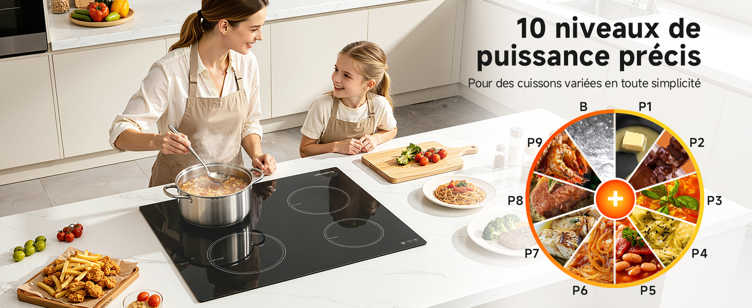 Le texte se lit comme suit : « 10 niveaux de puissance précis ». Femme et enfant utilisant une table de cuisson à induction avec cadran indicateur de niveau de puissance coloré illustré à droite.