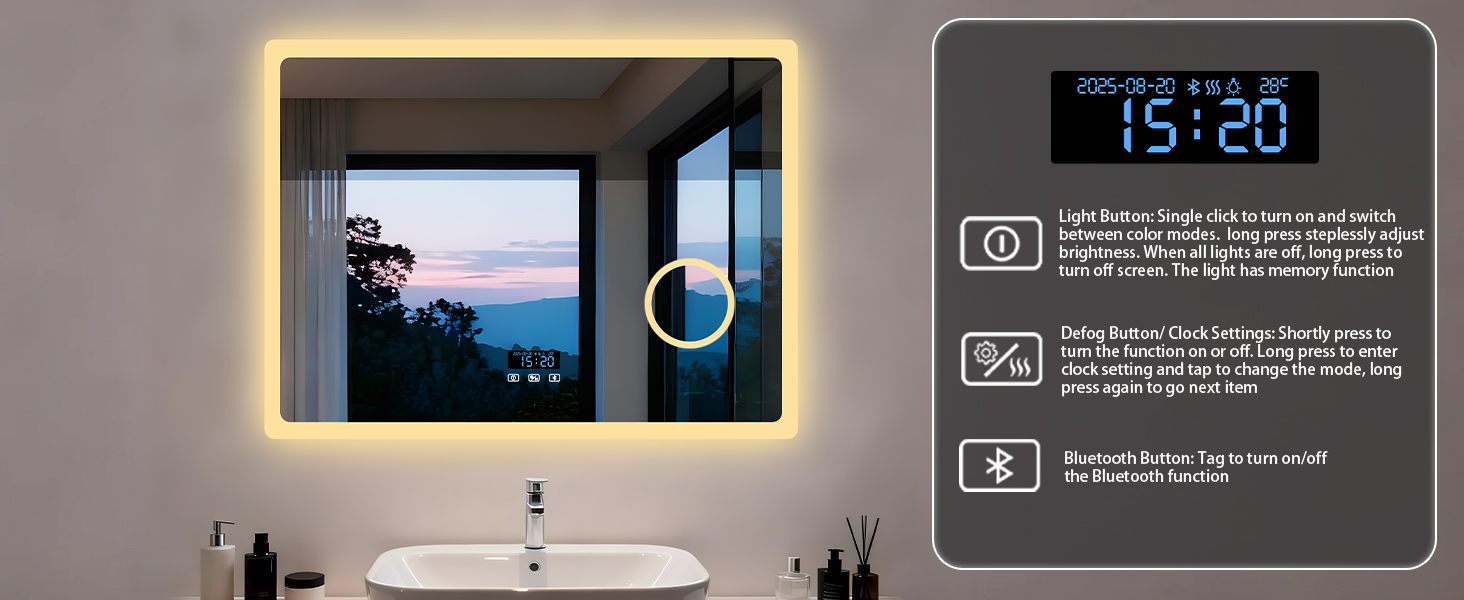 Il testo dice «15:30». Schermate dell'interfaccia digitale che mostrano la visualizzazione dell'ora e le informazioni sulle impostazioni su sfondo scuro.