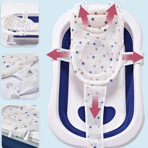 Baignoire pliable pour bébé avec structure de support intégrée, en maille blanche avec indicateurs de direction roses et bordure bleu marine