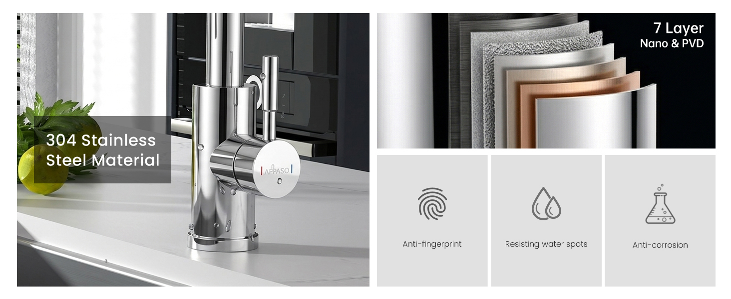 Text reads '3d stainless steel dispenser' and icons showing 1 Liter capacity and 5 in 1 function. Split-panel image: left shows modern kitchen sink faucet; right displays product packaging with function icons.