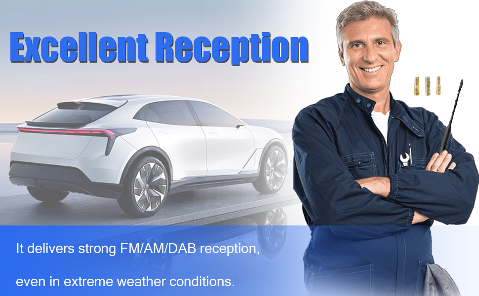 Advertisement showing a car antenna product with text promoting strong FM/AM/DAB reception in extreme weather conditions.