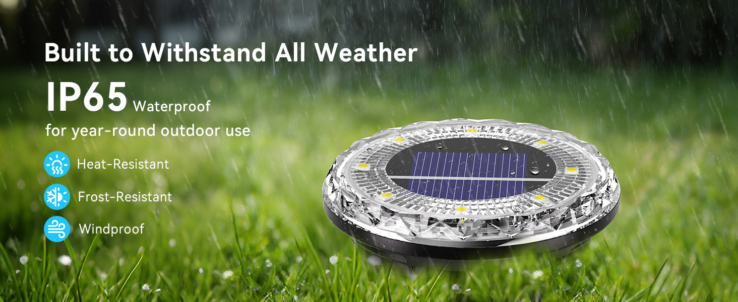 Text reads 'Built to Withstand All Weather IP65 Waterproof'. Solar-powered outdoor light with decorative silver ring design shown on grass in rain conditions.