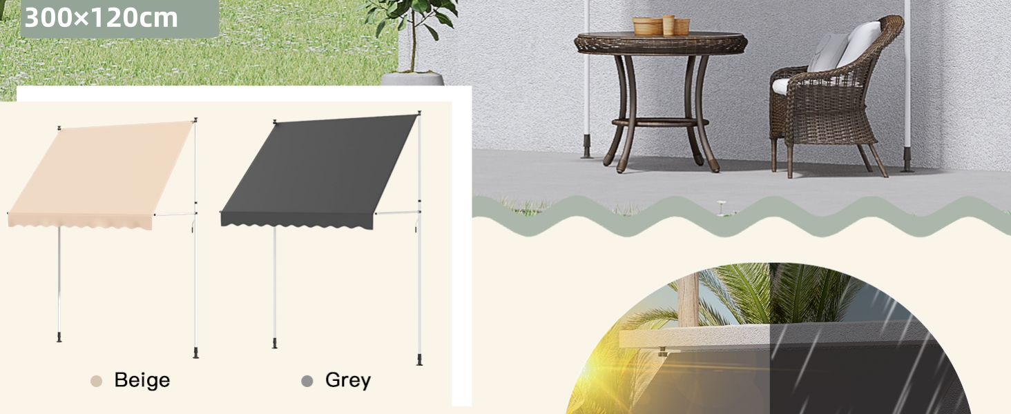Ausziehbare Markise in den Farben Beige und Grau. Die Abmessungen werden als 300 x 120 cm angezeigt. Auf den beigefügten Bildern sind Gartenmöbel und eine teilweise