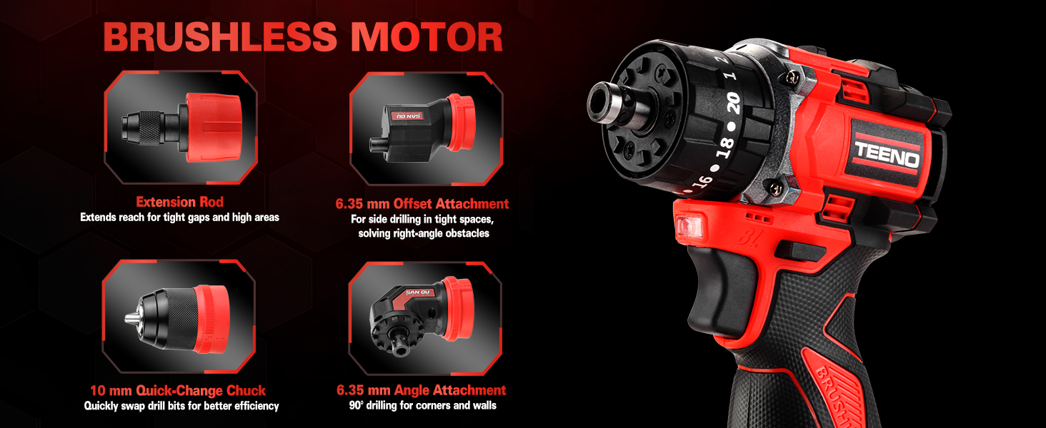 Il testo dice «BRUSHLESS MOTOR». Visualizzazioni multiple di un elettroutensile rosso e nero, che mostrano diverse angolazioni e caratteristiche del sistema motore brushless.