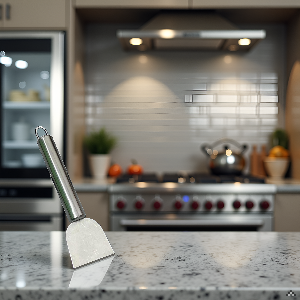 A kitchen counter with various cooking utensils and a product in the center.