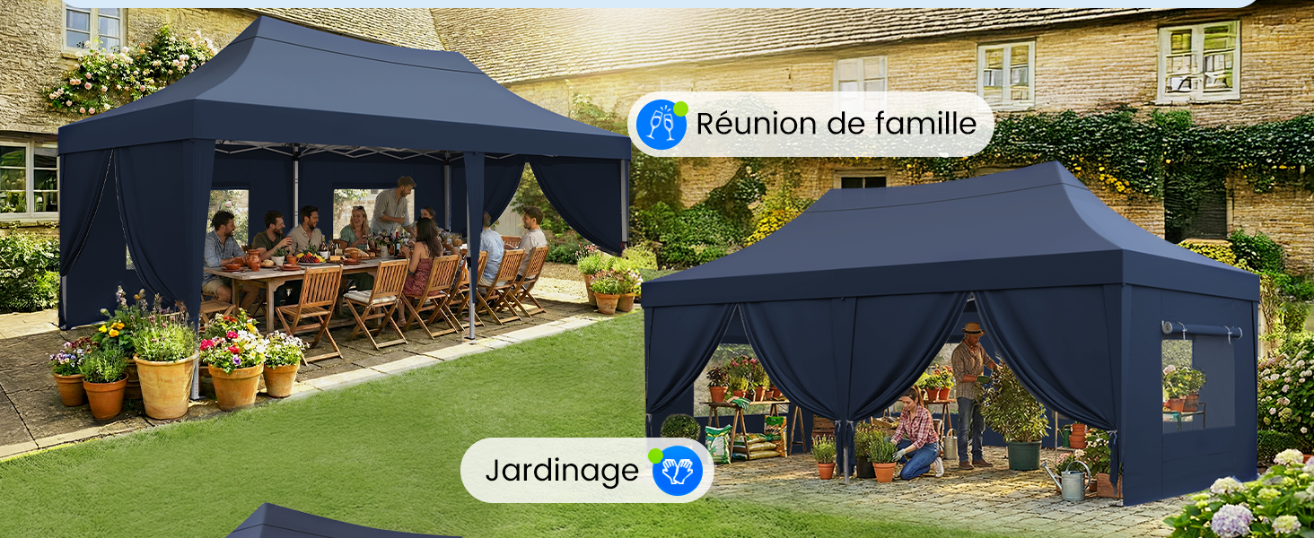 Le texte indique « entretien de famille » et « onedrop ». Tente à baldaquin escamotable bleu marine présentée dans un jardin extérieur avec différents angles d'affichage.