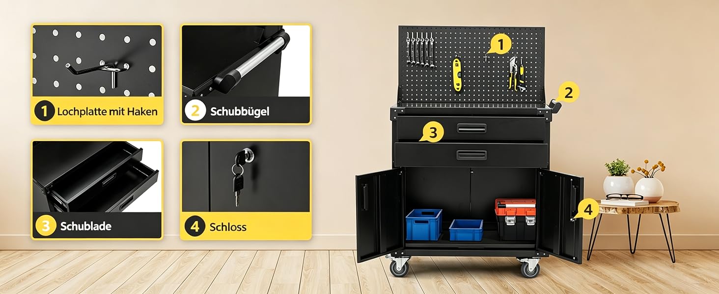 Flaches Set aus schwarzen und goldenen Dekorationsgegenständen, darunter gemusterte Schachteln, Geschenkboxen, Kerzen und gelbe Akzente, angeordnet auf einer Holzoberfläche mit weißem Wandhintergrund.