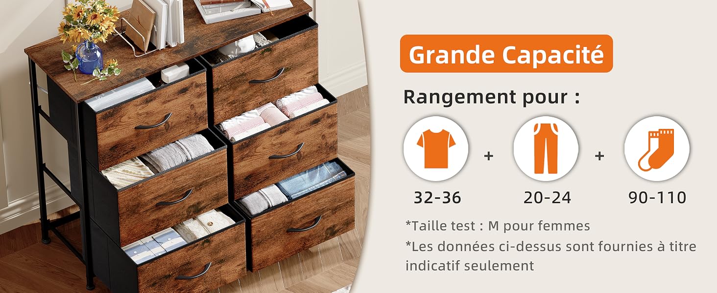 Le texte indique « Grande Capacité » et « Rangement pour : 32-36, 20-24, 90-110 » avec des icônes vestimentaires. Commode en bois avec plusieurs tiroirs ouverts affichant un rangement organisé des vêtements, mettant l'accent sur un système d'organisation de grande capacité.