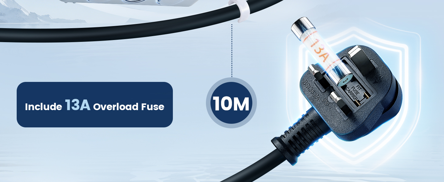 Text reads 'Include 12A insulated Cord' and '10M'. Electrical power cord with plug head shown against blue background.