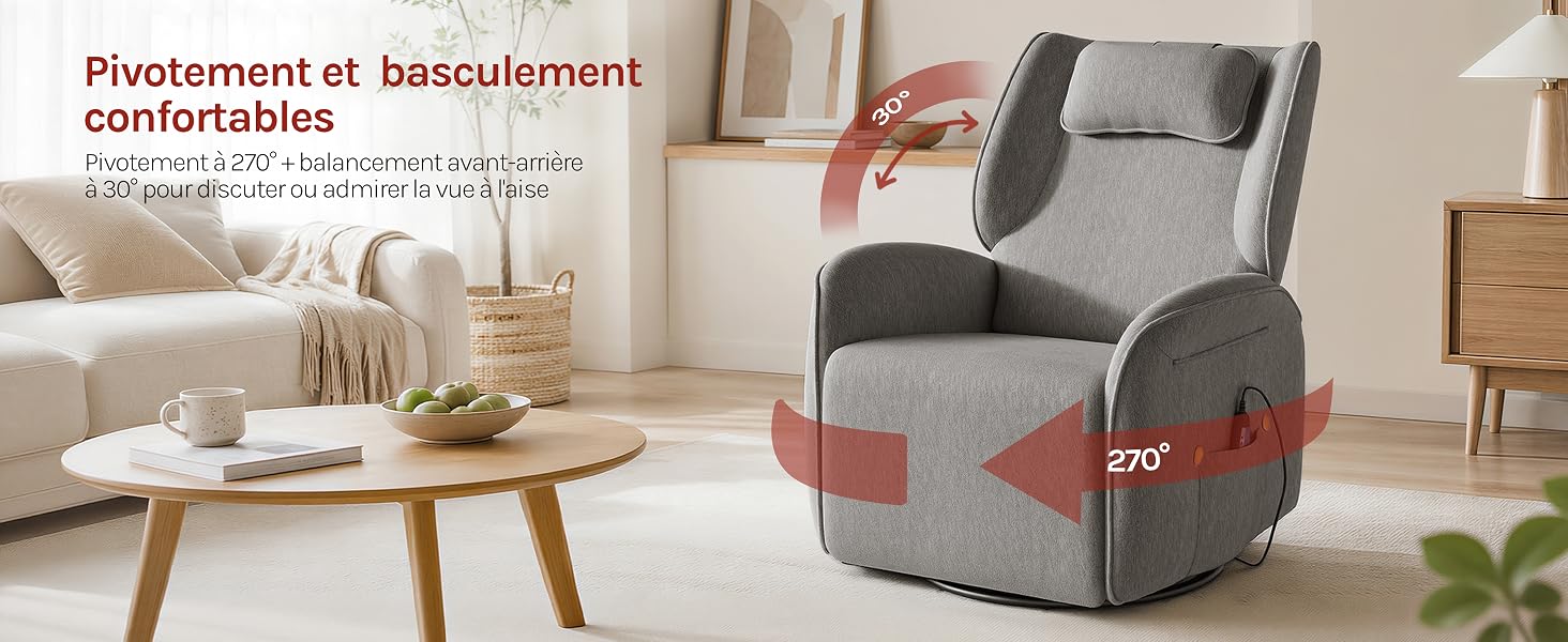 Le texte se lit comme suit : « Pivotement et bassoirement confortables » avec une partie du texte visible. Fauteuil inclinable rembourré gris avec dossier haut et repose-pieds dans un salon moderne avec table d'appoint en bois, étagères blanches et décor neutre.
