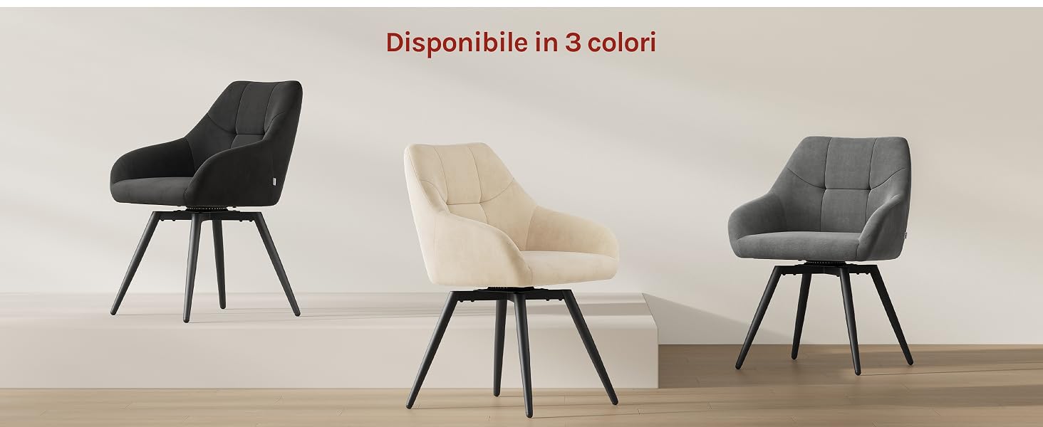 Il testo recita «Suggerimento in 3 colori». Tre sedie moderne con rivestimento nero, crema e grigio con gambe in metallo su sfondo neutro.