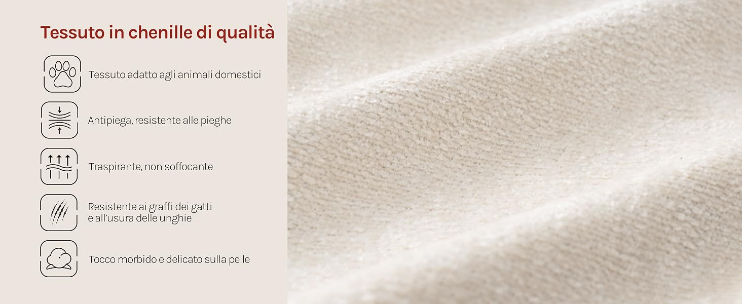 Il testo recita «Tessuto in chenille di qualità» (tessuto in ciniglia di qualità) con icone di qualità italiane. Campione di materiale tessile intrecciato beige con trama e trama visibili.