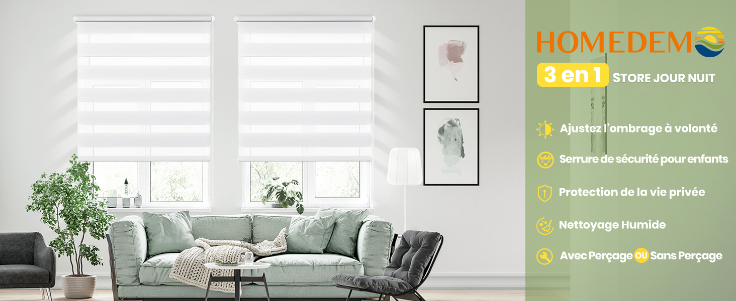 Salon avec canapé vert, fenêtre avec stores blancs et art mural. Le logo HOMEDEW est visible avec le texte « 3 en 1 » et les caractéristiques du produit