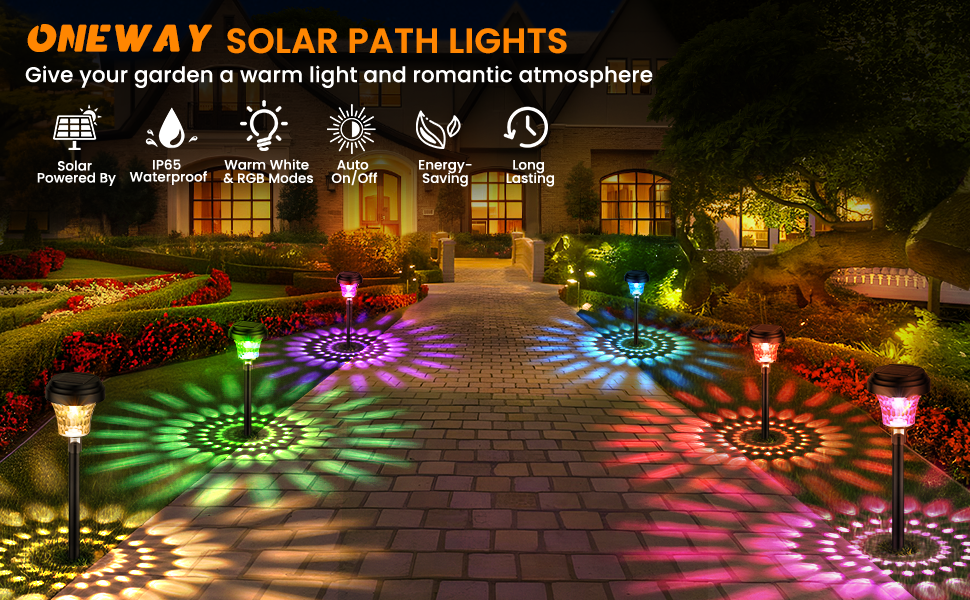 Outdoor pathway lighting display showing multicolored LED lights creating geometric patterns on brick or stone pavement, featuring rainbow spectrum effects.