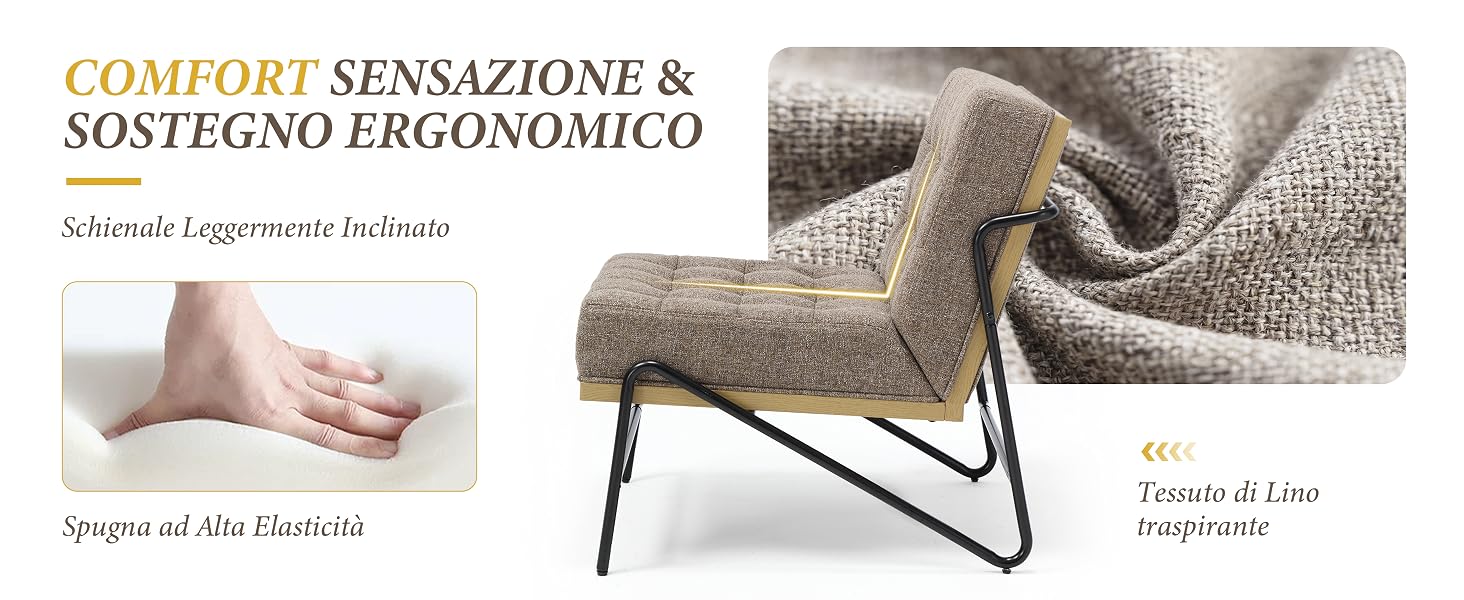 Il testo recita 'COMFORT SENSAZIONE &amp; SOSTEGNO ERGONOMICO'. Immagine a pannello diviso che mostra dettagli in tessuto sulla sinistra e una sedia imbottita beige con finiture bianche sulla destra.