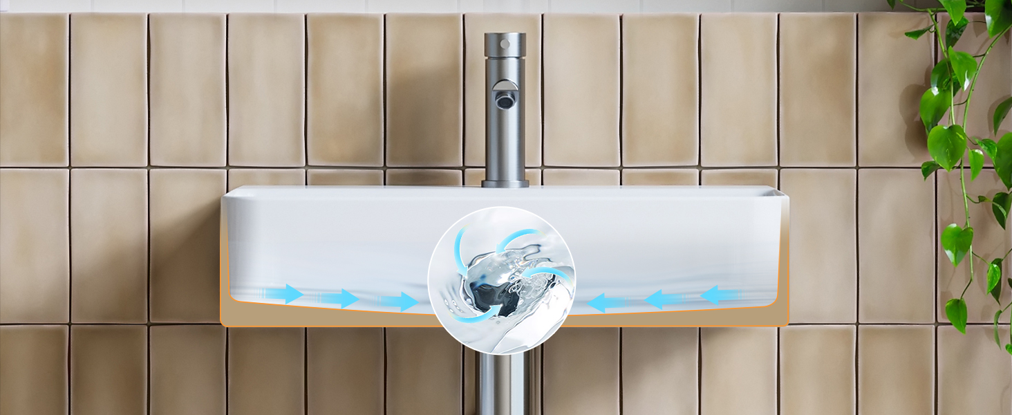 Modern rectangular bathroom sink with integrated LED lighting. White ceramic basin on wooden countertop against tiled wall.