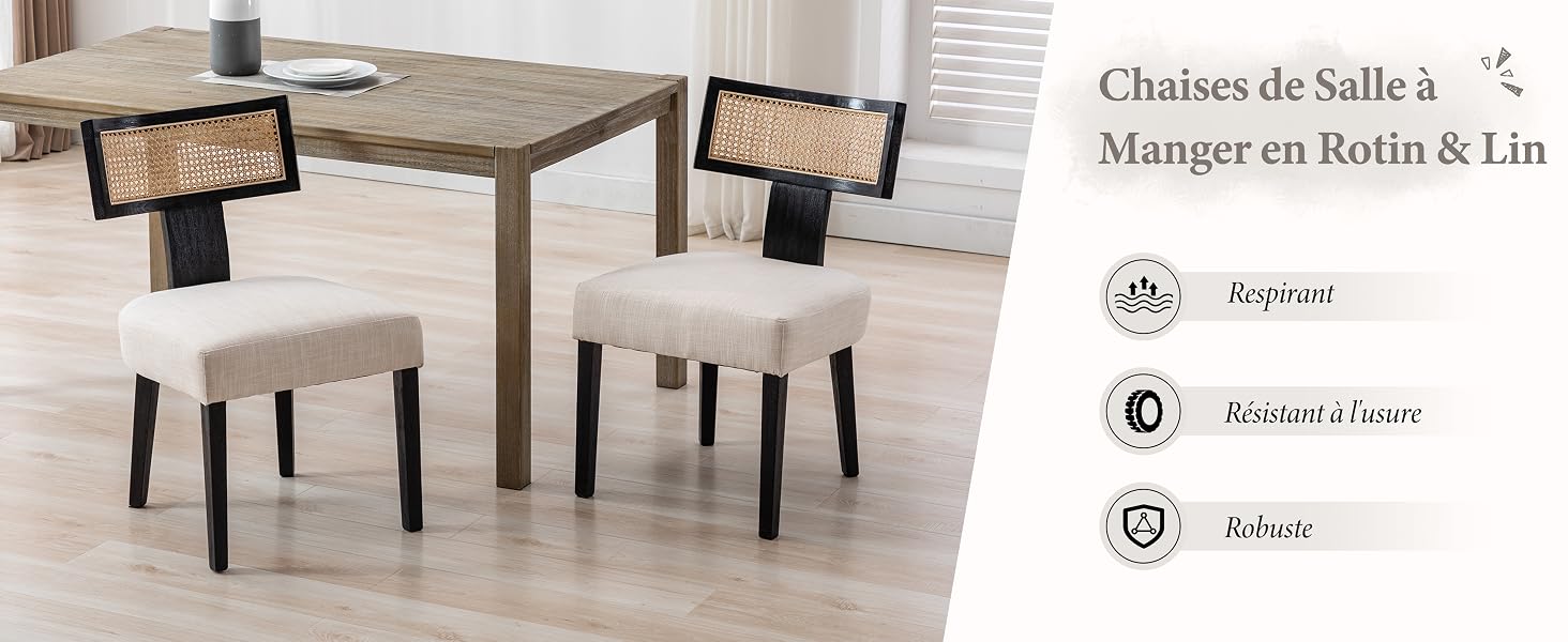 avec table de couleur claire et quatre chaises. Le texte en français décrit l'ensemble comme « Chaises de Salle à Manger en Rotin &amp;