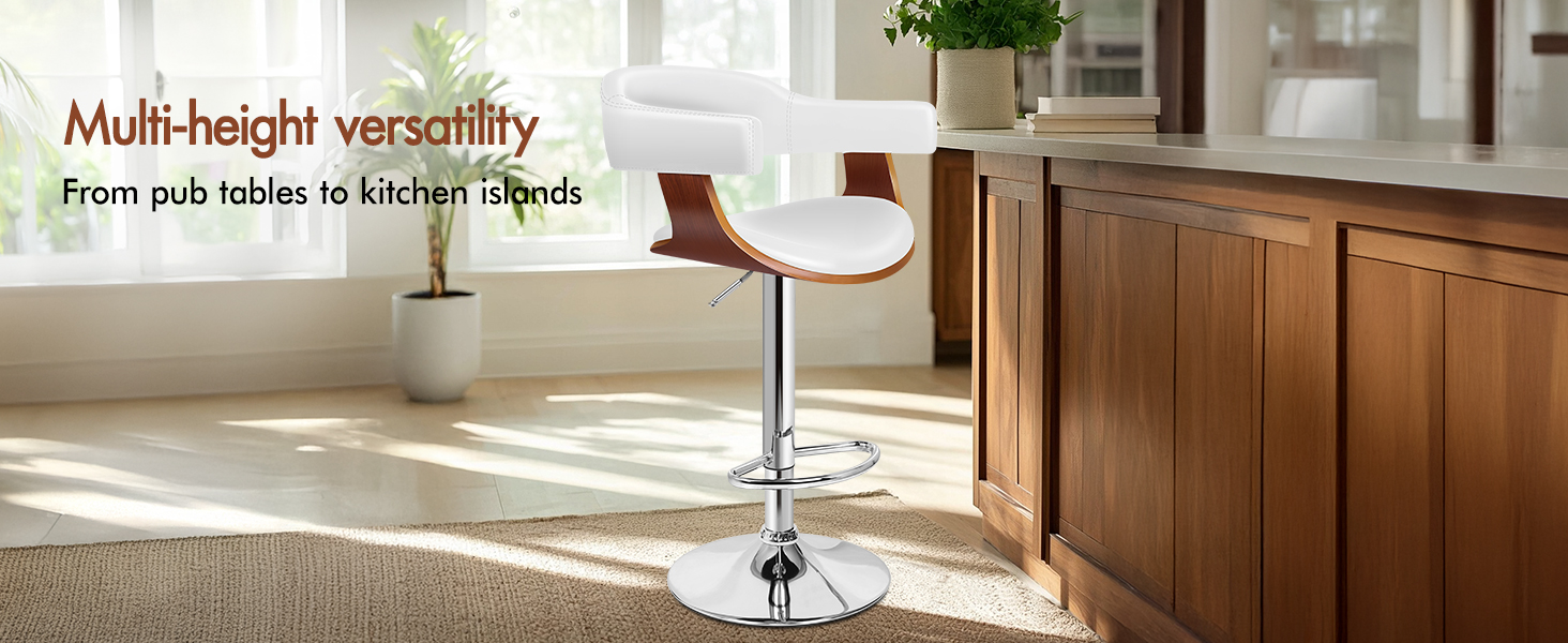 Text reads: 'Multi-height versatility' showing an adjustable bar stool in a modern kitchen setting with natural lighting.