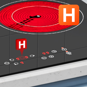 Conception d'interface circulaire rouge avec le symbole « H », montrant des anneaux concentriques et des points de contrôle. Plusieurs panneaux illustrant la fonctionnalité de point de contact interactif sur la surface de cuisson.