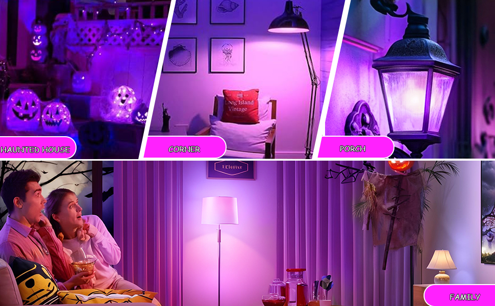 Collage de piezas en luz violeta con diversas lámparas y dispositivos de iluminación, creando escenas atmosféricas cálidas