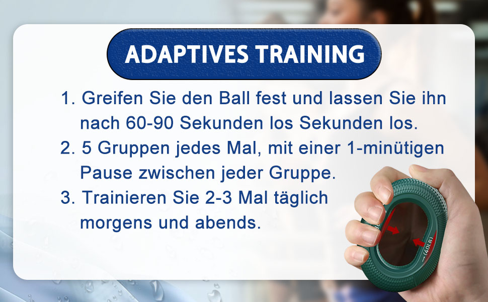 Manuale für die Übung „Adaptive Training“ mit einem grünen Ball mit Angabe der Griffzeit, der Wiederholungen und
