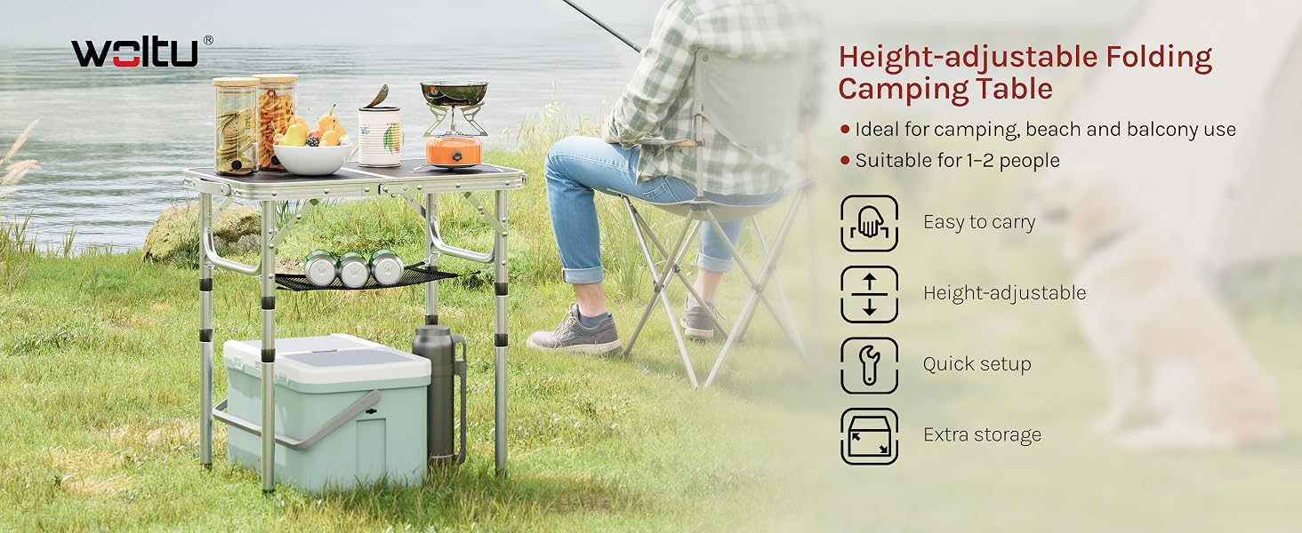 Text reads 'waifu' and 'Height-adjustable Folding Camping Table' with product features including Easy folding, Stable structure, Portable design, and Wind-proofing specifications. Yellow-green aluminum folding table in outdoor camping setting.