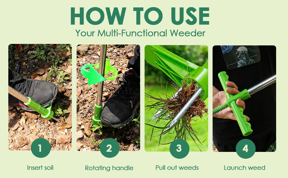 Le texte se lit comme suit : « COMMENT UTILISER VOTRE DÉSHERBEUR MULTIFONCTIONNEL ». Images pédagogiques étape par étape montrant l'utilisation des outils de jardinage pour éliminer les mauvaises herbes.