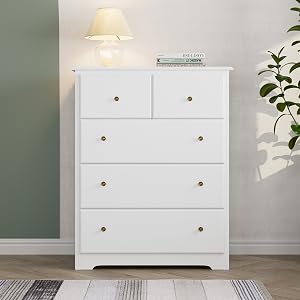 Commode HOCSOK 5 Tiroirs Blanc 111cm - Rangement Pratique Pour Toute La Maison