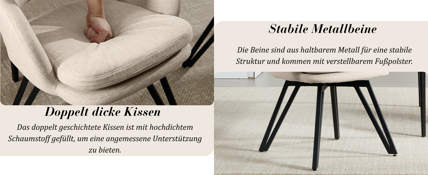 Der Text lautet „Doppelt dicke Kissen“ und „Stabile Metallbeine“. Das Bild zeigt eine Nahaufnahme cremefarbener Polstermöbel mit schwarzen Metallbeinen.