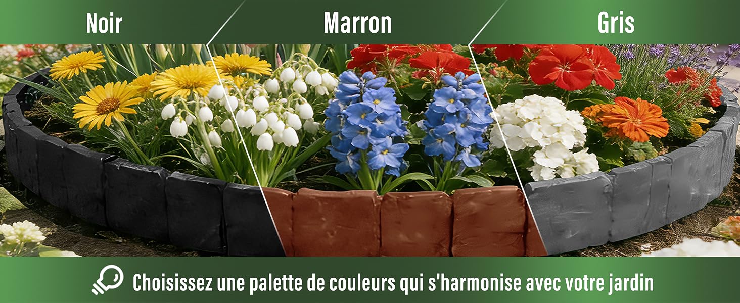 El texto dice lo siguiente: 'Negro Marrón Gris' y 'Elige una paleta de colores que armonice con tu jardín'. Macetas que muestran flores coloridas en diferentes arreglos.
