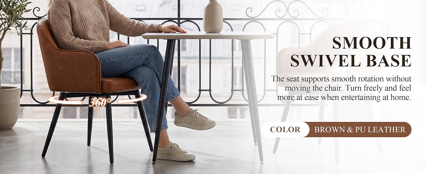 Text reads "SMOOTH SWIVEL BASE" and "CLICK HERE". Brown leather armchair with blue seat cushion, swivel base, metal frame, modern living room setting with side table and lamp.