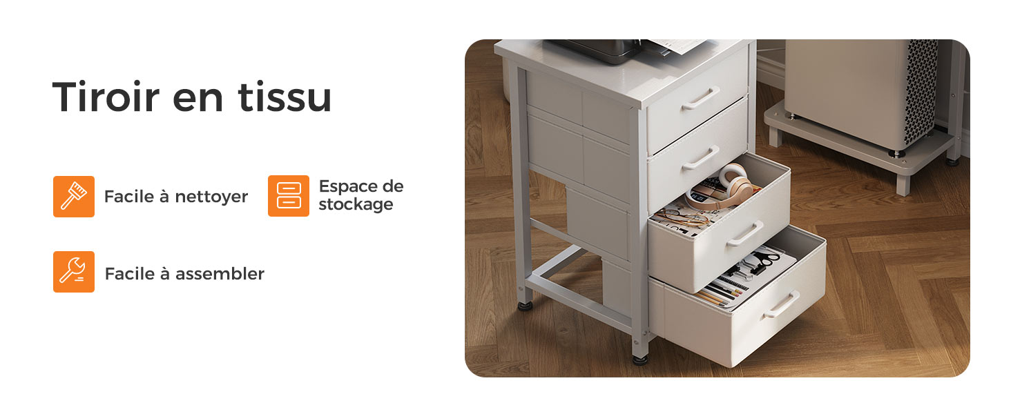 avec tiroirs en tissu. L'image montre un nettoyage, un espace de rangement et un assemblage faciles. L'un des tiroirs est ouvert, laissant apparaître un espace de rangement pour chaussures.