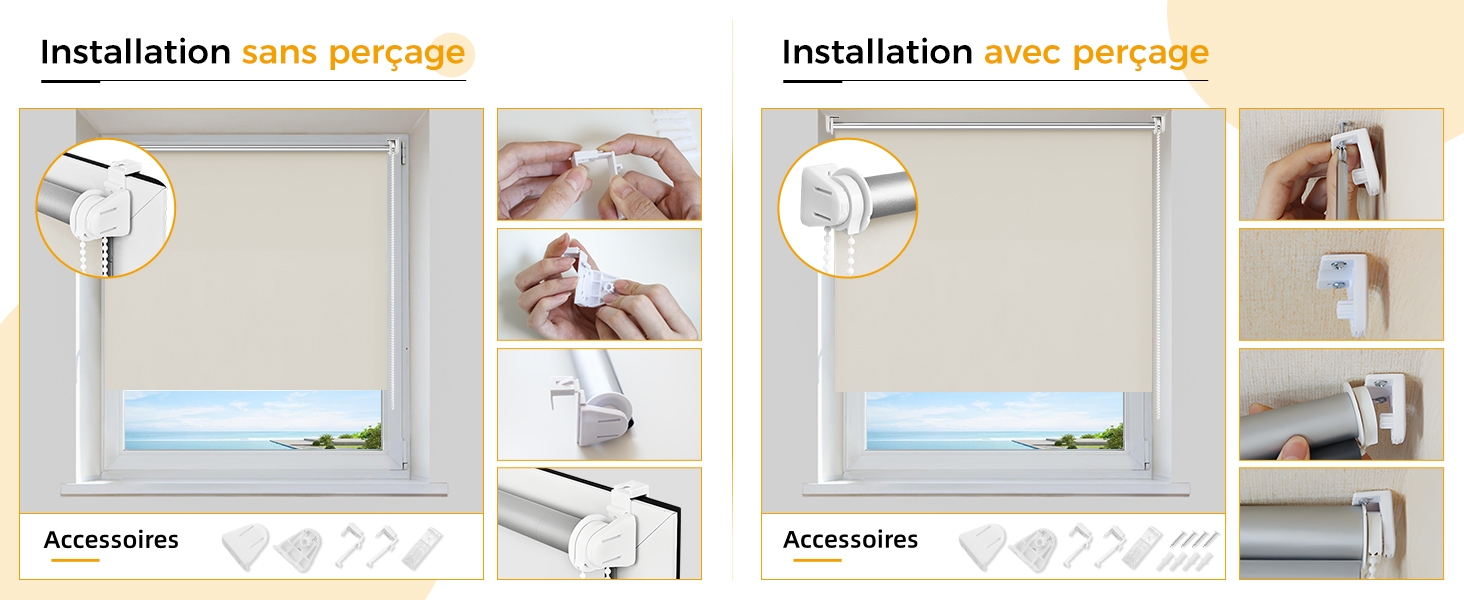 Comparaison de deux méthodes d'installation de volets roulants : « Installation sans perçage » (sans perçage) et « Installation avec perçage » (avec perçage). Indique le store, le matériel de montage et les étapes d'installation pour chaque méthode.