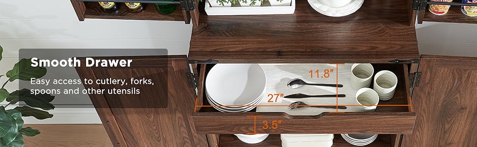 Der Text lautet „Smooth Drawer“. Abgebildetes Schubladensystem aus Holz mit mehreren Fächern und Trennwänden auf dunkler Holzoberfläche.