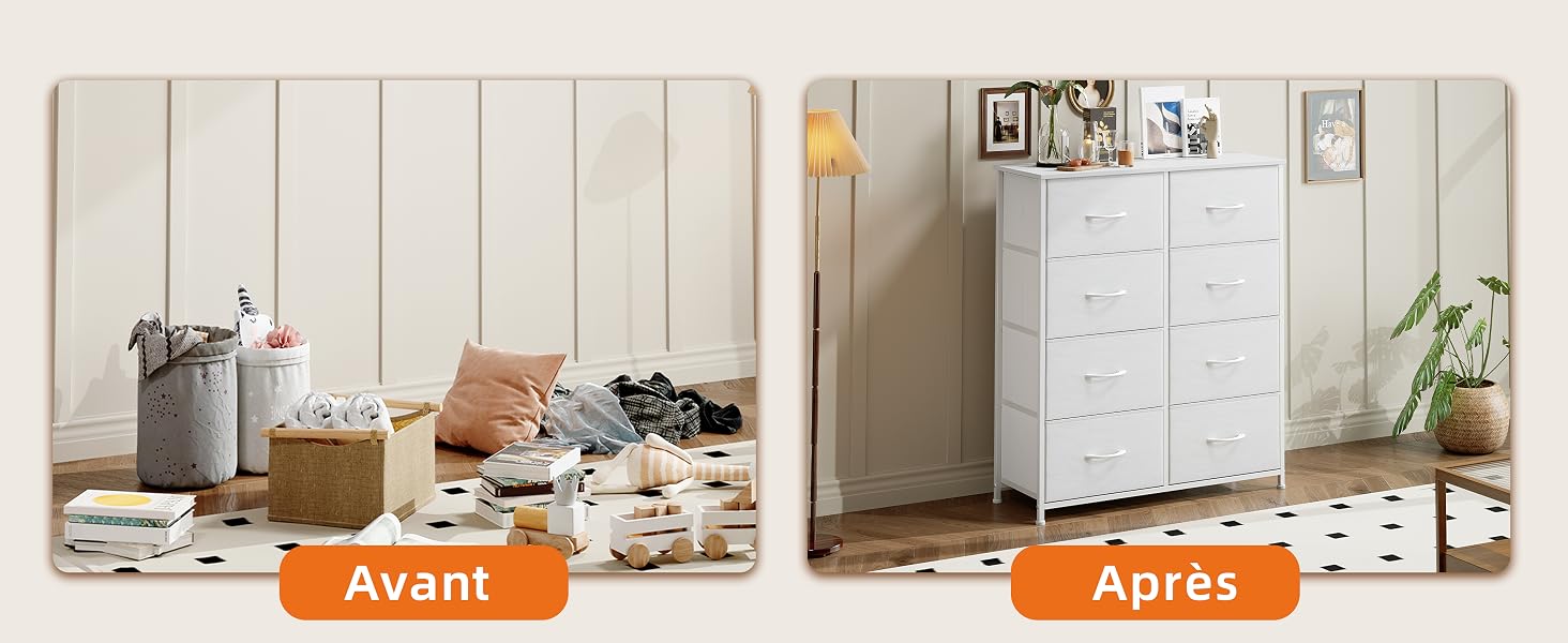 Le texte se lit comme suit : « Avant » et « Après ». Comparaison avant-après montrant un comptoir de cuisine encombré avec des articles éparpillés se transformant en une armoire de rangement blanche organisée avec un minimum d'objets visibles.