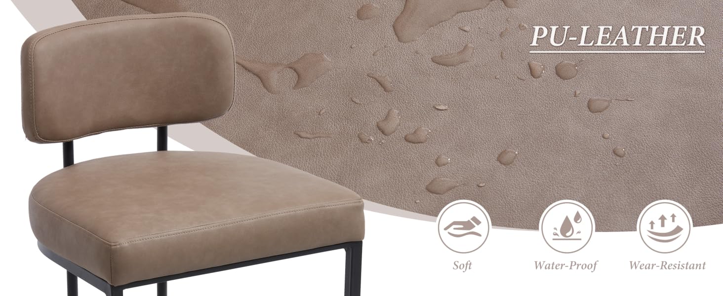 Text reads 'PU-LEATHER'. Brown upholstered furniture piece with icons indicating product features below.