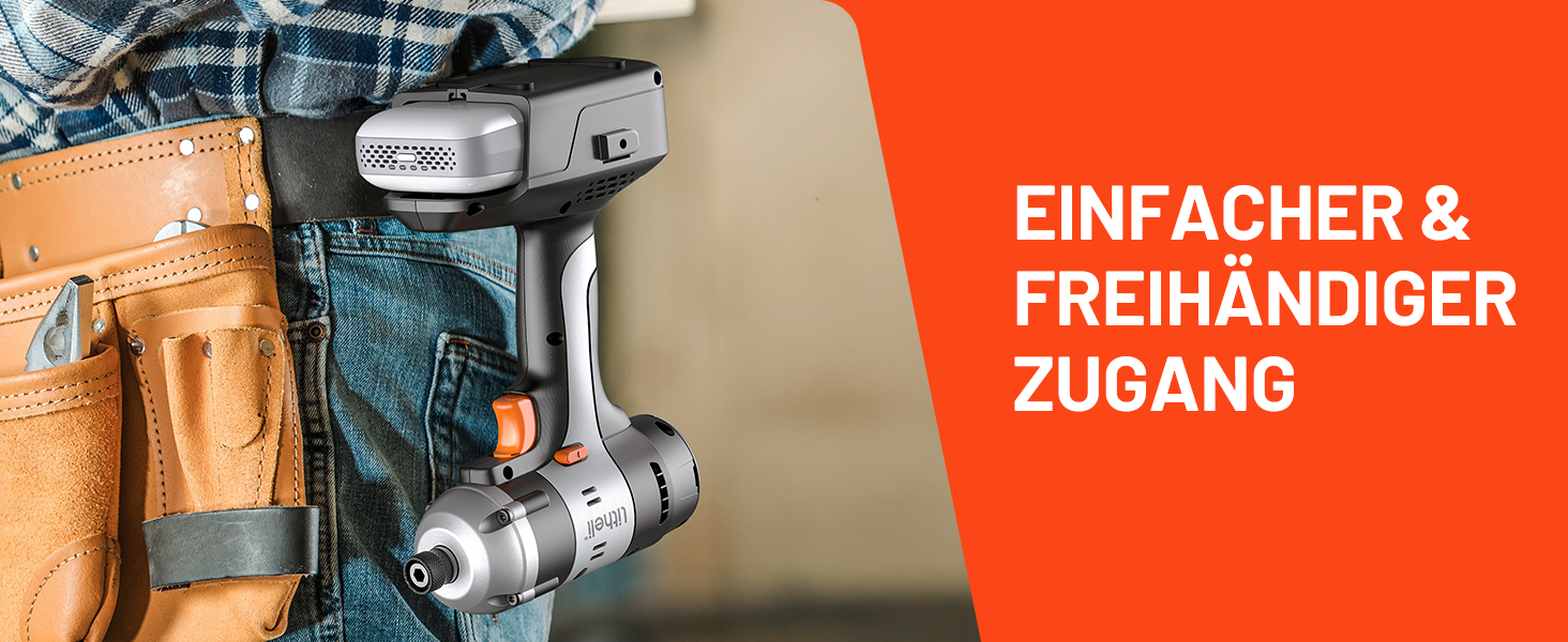 Der Text lautet „EINFACHER & FREIHÄNDIGER ZUGANG“. Bilderserie, die Wartungs- oder Reparaturverfahren für Kraftfahrzeuge zeigt.