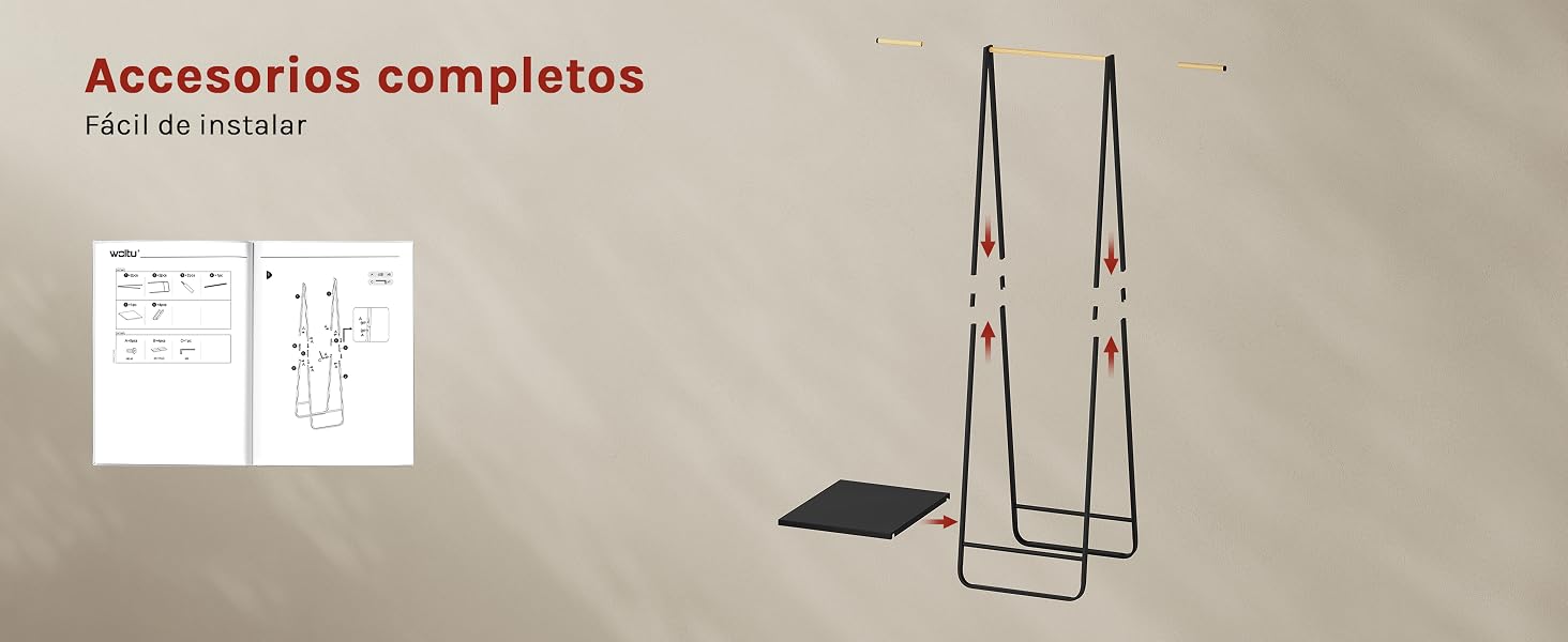 El texto dice «Imagen 5» y «Accesorios completos». Instrucciones de montaje que muestran los componentes de la estructura metálica y los pasos de instalación de un expositor o caballete.