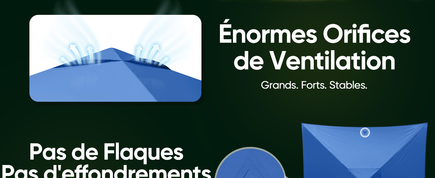 Le texte indique « Énorme orifices de ventilation » et « Pas de Plaques ». Image marketing montrant les caractéristiques du système de ventilation ou de refroidissement.