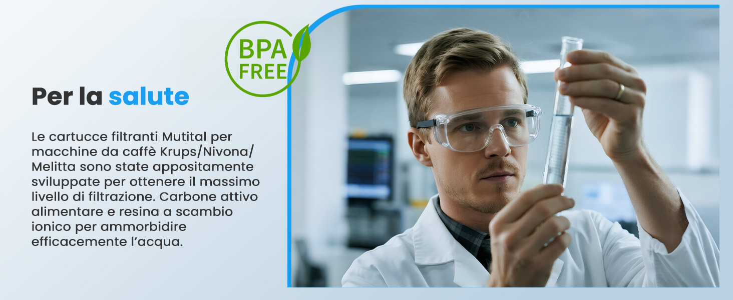 Il testo recita «BPA» e «Per la salute». Immagine a tema medico o scientifico che mostra le impostazioni di laboratorio e le attività di ricerca.