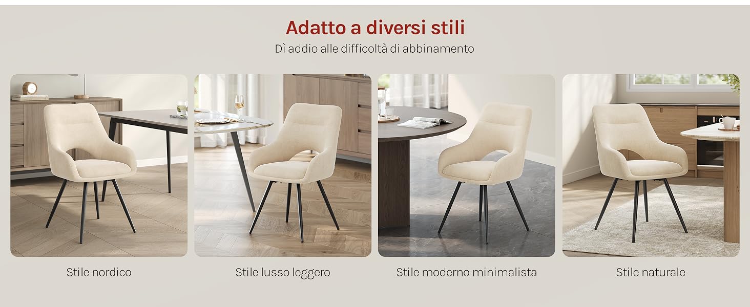 Il testo recita «Adatto a diversi stili», «Laminato in pelle», «PU velluto sogno», «3 in 1 schiuma MULTI-USO», «Semipu 3 in 1". Quattro sedie moderne d'accento presentate in diversi stili di tessuto e colori neutri.