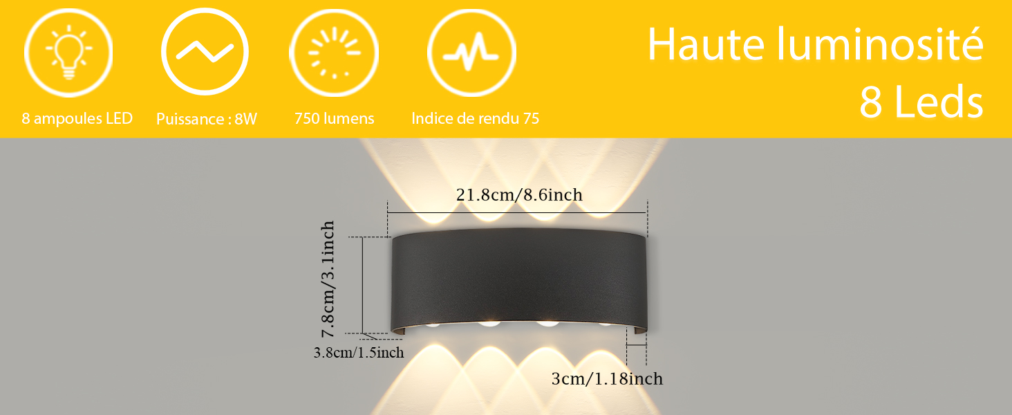 Le texte indique « Haute luminosité 8 LED ». Bannière jaune avec cinq motifs d'emoji souriants au-dessus de l'emballage du produit sur fond gris.
