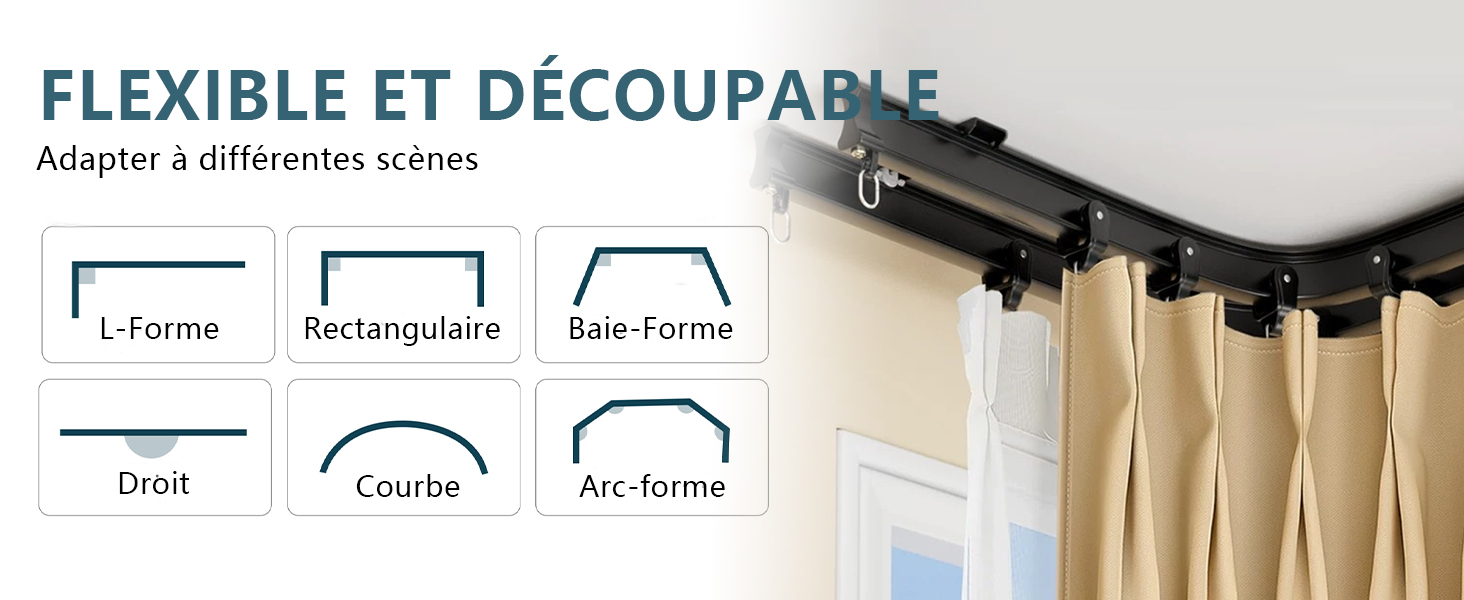 Schéma d'installation des tringles à rideaux présentant six options de montage : configurations en L, rectangulaire, en forme de pôle, droite, incurvée et