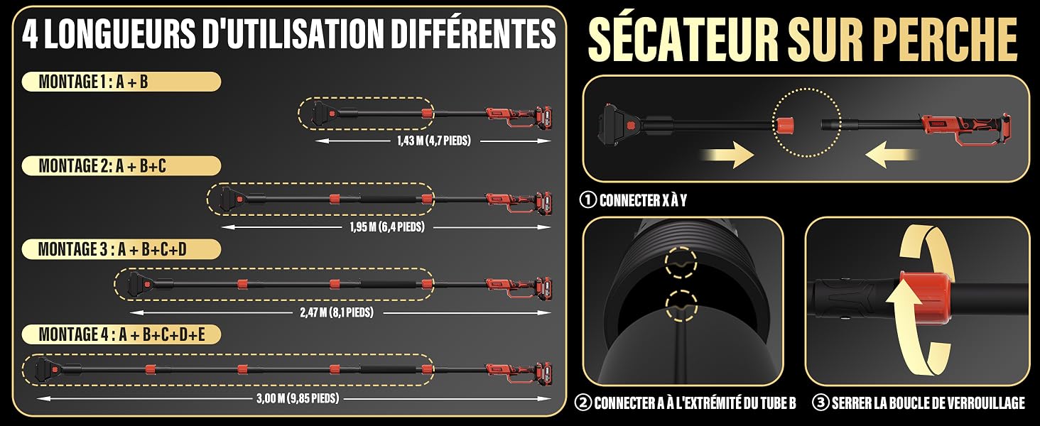 Le texte indique « 4 LONGUEURS D'UTILISATION DIFFÉRENTES » et « SÉCATEUR SUR PERCHE ». Schéma technique illustrant plusieurs configurations de longueur d'un outil monté sur mât.