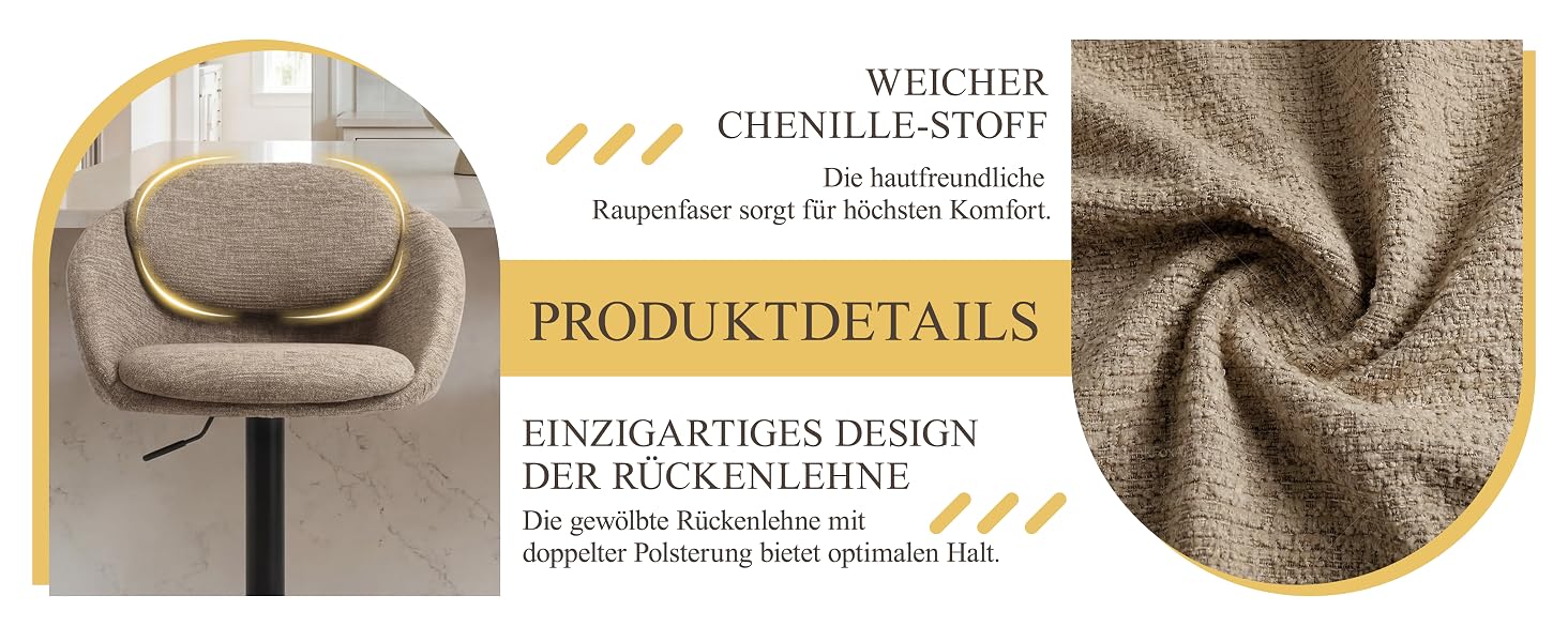 Der Text lautet „PRODUKTDETAILS“ und „CHENILLE-STOFF“. Nahaufnahmen von grauem, strukturiertem Stoffmaterial, das Details der Chenille-Textiloberfläche aus verschiedenen Blickwinkeln zeigt.