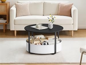 Sofá moderno de color crema con cojines colocados sobre una mesa de centro redonda negra con estante de almacenamiento sobre una alfombra clara en una sala de estar con plantas y ventana.